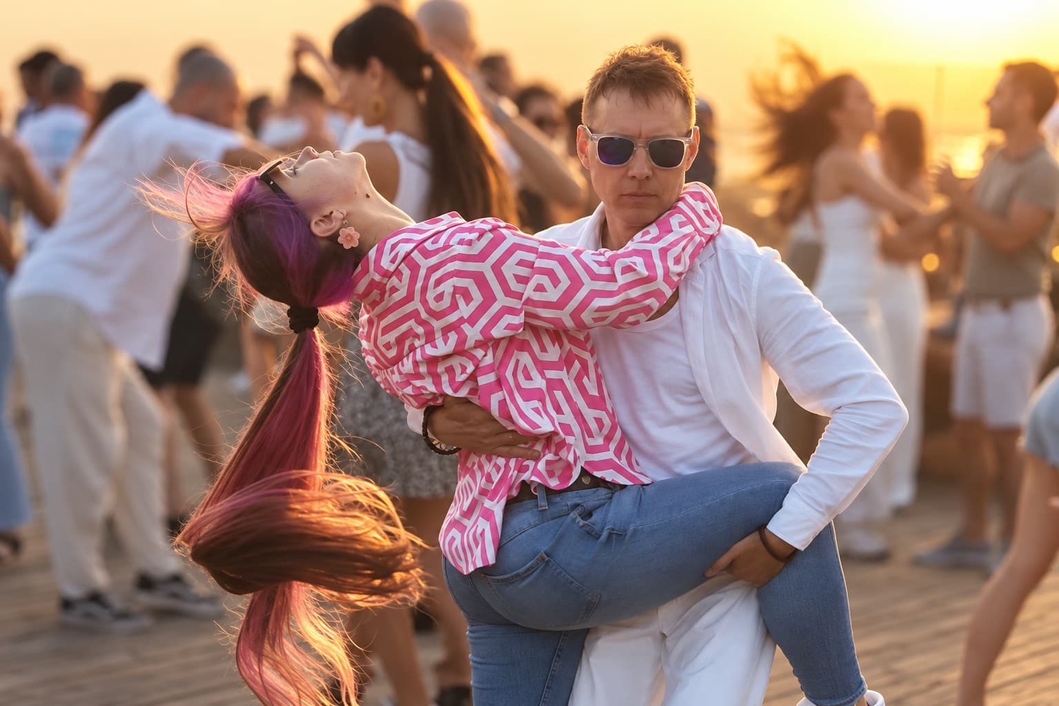 Aleks e Dasha a dançar num social ao ar livre, ao pôr do sol no Porto